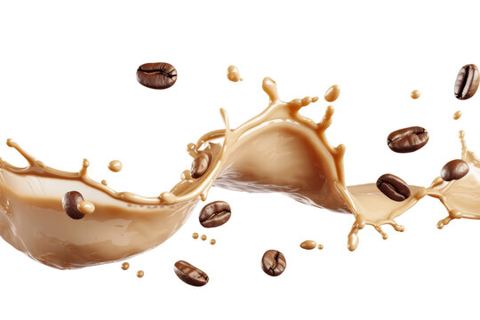 Milk Brown coffee liquid swirl splash and little bubbles with falling coffee Beans isolated on transparent png background, liquid fluid element flowing in form of wave.