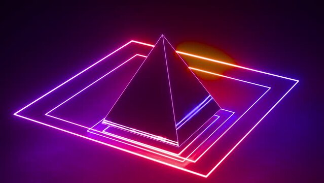 3D abstract background with neon light, Neon pyramids in the Bermuda triangle animation, loop
