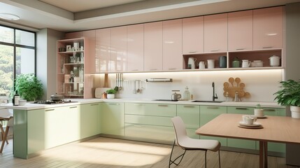 ideas for kitchen space including chairs, washing place, tap, lamp, chairs, kitchen cupboards, dining table that are simple and minimalist but still give a clean and elegant impression.