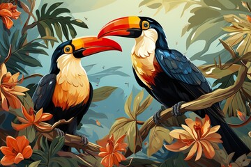 stylist and royal seamless textile trendy 2d illustration pattern with toucans on a branch in tropical nature