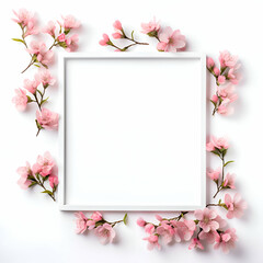 Blank paper sheet with pink flowers on white background. Flat lay.