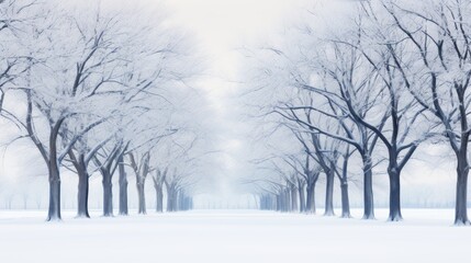 a row of trees with no leaves on them in a snow covered park with a light dusting of snow on the ground.