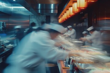 Obraz premium Busy Japanese restaurant. staff in motion