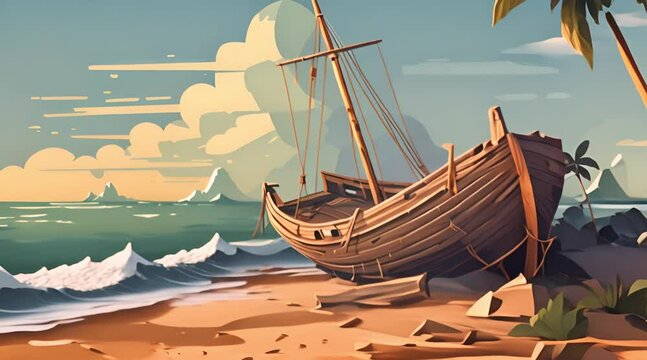 Shipwreck on tropical island. Old sailboat vector cartoon illustration