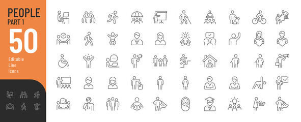 People Line Editable Icons set. Vector illustration in modern thin line style of basic human icons: men, women, children, seniors, family, team, and more