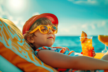 Little boy on a sun lounger near the sea drinking a juice - obrazy, fototapety, plakaty