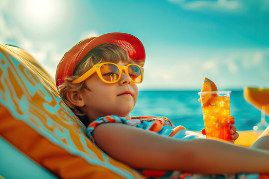 Little boy on a sun lounger near the sea drinking a juice