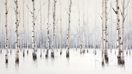 a painting of a group of trees in a snowy forest with snow on the ground and water in the foreground.