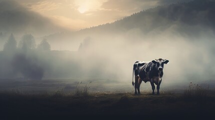 a cow standing in the middle of a field in the middle of a foggy day with trees in the background. - obrazy, fototapety, plakaty