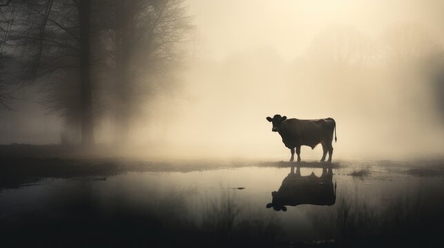 a black and white photo of a cow standing in the middle of a body of water on a foggy day.