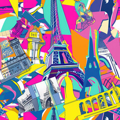 Travel themed collage origami colorful pop art line art scrapbook moodboard seamless repeat pattern, Europe, USA, world 