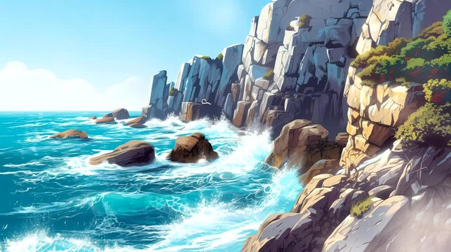 A coastal cliffside view with crashing waves and rugged rocks. Fantasy landscape anime or cartoon style, seamless looping 4k time-lapse virtual video animation background