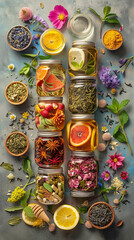 Fototapeta premium Herbal teas and their health benefits still life
