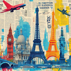 Travel themed collage newspaper collage scrapbook moodboard repeat pattern, Europe, USA, world	