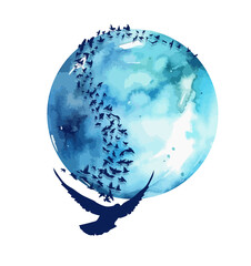 Blue planet with flying pigeons. Flock of flying birds. hand drawing. Not AI, Vector illustration