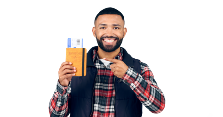 Pointing, smile and portrait of man with passport for travel, vacation or holiday with document. Face, happy and young male tourist with ticket for weekend trip isolated by transparent png background