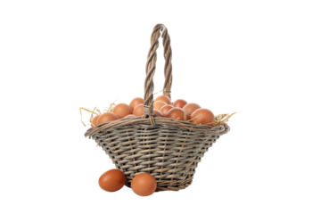 PNG, eggs in a wicker basket with handles, isolated on white background.