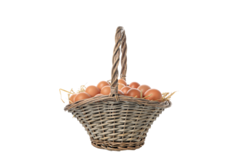 PNG, eggs in a wicker basket with handles, isolated on white background.