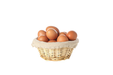 PNG, eggs in a round basket, isolated on white background.