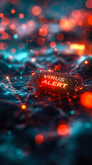 Virus Alert Warning on a Digital Screen with Global Network Connections and Data Flow, Concept of Cybersecurity and Digital Protection