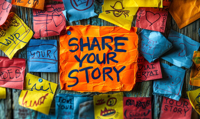 Encouraging SHARE YOUR STORY handwritten message on a bright orange sticky note over a pile of colorful notes on a wooden background