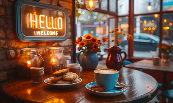 Welcoming cafe scene with HELLO AND WELCOME lightbox message, fresh espresso, cookies, and decorative vases on a wooden table