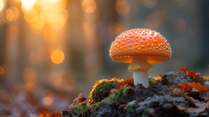 Fly agaric in the autumn forest with bokeh background - obrazy, fototapety, plakaty