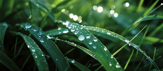 Subtly illuminated grass leaves adorned by raindrops bring a gentle awakening.