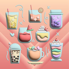 set of coffee and sweets drink, 3D vector collection