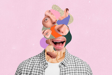 Bizarre strange creative poster collage of funky guy with multiple head pieces enjoying promo