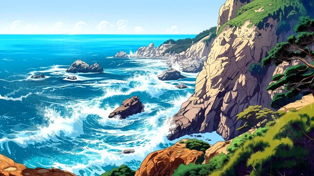 A coastal cliffside view with crashing waves and rugged rocks. Fantasy landscape anime or cartoon style, seamless looping 4k time-lapse virtual video animation background