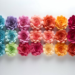 Colorful paper roses on white background. 3d render illustration.