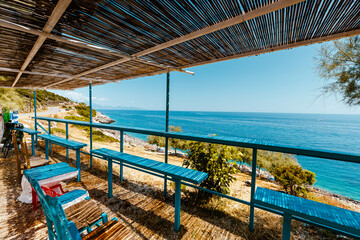 Paradise restaurant on tropical seashore. Zakhyntos, Greece.  - 736920926