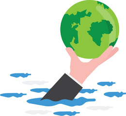 Save the world from climate change and global warming problems, protect our planet from melting ice flood or disaster concept, hand tendering holding world or globe above climate flood ocean.

