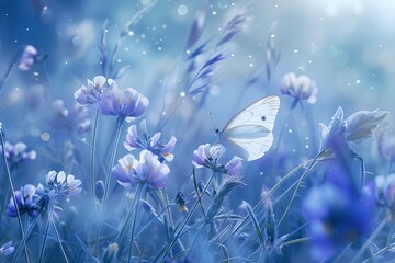 A white butterfly rests on a purple flower in a field of purple flowers with a blue hue.
