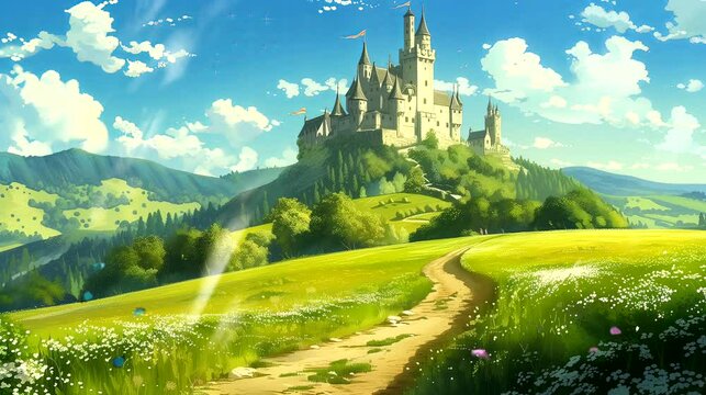 A castle on a hill surrounded by rolling meadows. Fantasy landscape anime or cartoon style, seamless looping 4k time-lapse virtual video animation background