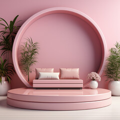 Pink Stage 3D Rendering. Simple and Beautiful Minimal Mockup. Pink Product Concept Stage. Pink Display. Pink Product Table with Pink Background
