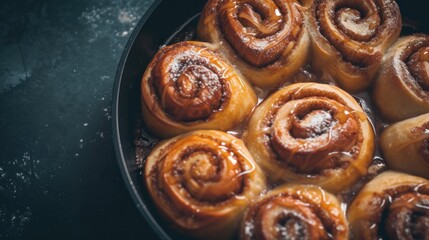 a pan filled with cinnamon buns sitting on top of a black counter next to a bowl of powdered sugar.