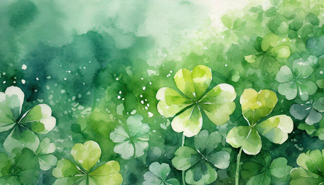 Watercolor background with green clover leaves. St. Patrick's Day concept.