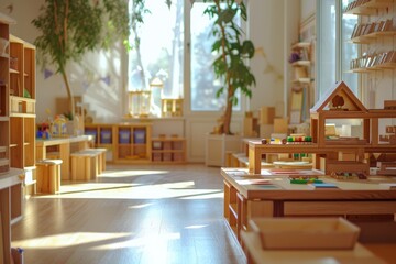 Montessori early education. Kindergarten, preschool classroom interior with wooden furniture, educational material, wooden educational toys