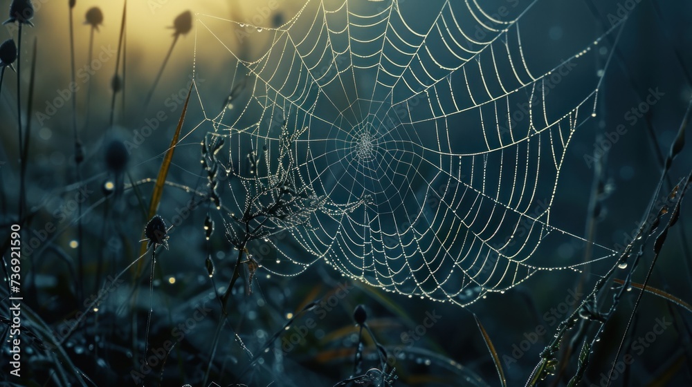 Wall mural a close up of a spider web in a field of grass with dew drops on the spider's web.