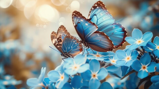 two blue butterflies on a blue flower with a boke of light shining in the background and a blurry image of blue flowers in the foreground.