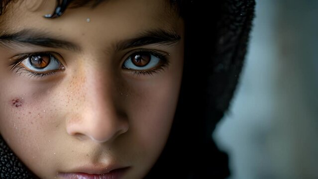 A teenage boy with a scar on his cheek and a distant look in his eyes as he reflects on the journey that brought him to seek asylum, Close Up of Person Wearing Hoodie