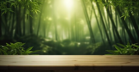 A wooden table with a green bamboo forest background
