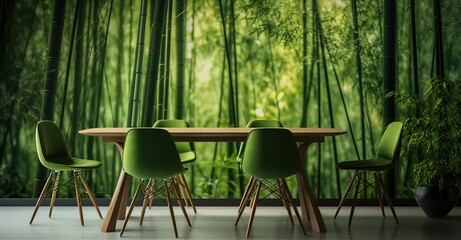 A wooden table with a green bamboo forest background - obrazy, fototapety, plakaty
