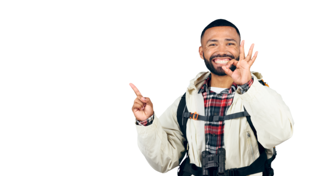 Ok sign, happy portrait or man on hiking trip for vacation, hobby or excited for travel adventure. Face, model and smile for discount deal for backpacking and isolated on a transparent png background