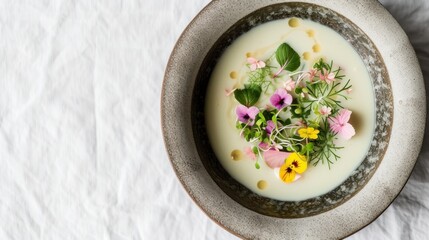a close up of a bowl of food with flowers in it on a white table cloth with a white background.