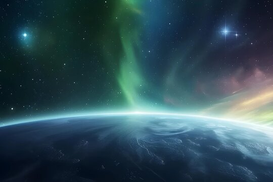 Atmospheric stock image of the Northern Lights (Aurora Borealis) with a backdrop of a star-filled galaxy, symbolizing the Earth's connection to the cosmos.