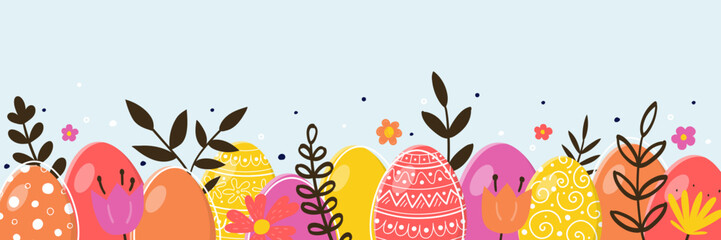 Hand drawn Easter pattern design. Concept of a banner with ornate eggs and flowers. Vector illustration
