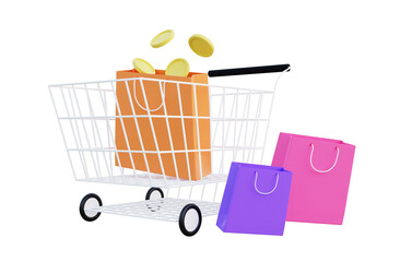 Shopping cart and shopping bags Concept of online shopping, sales and in-store discounts. 3D rendering.